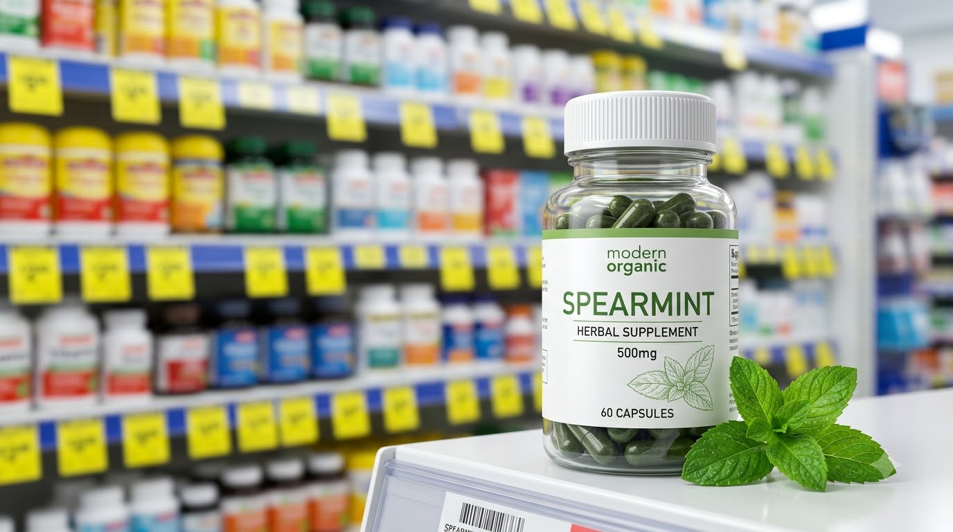 Spearmint herbal supplement capsule bottle on a pharmacy shelf beside fresh spearmint leaves